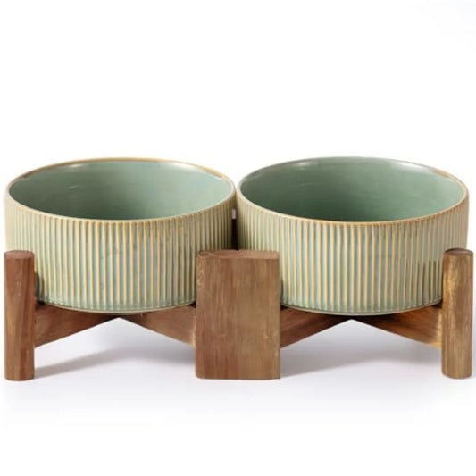 Ceramic Dog Bowl Set with Acacia Wood Stand | Set of 2 | Vintage Colors | Medium Dogs