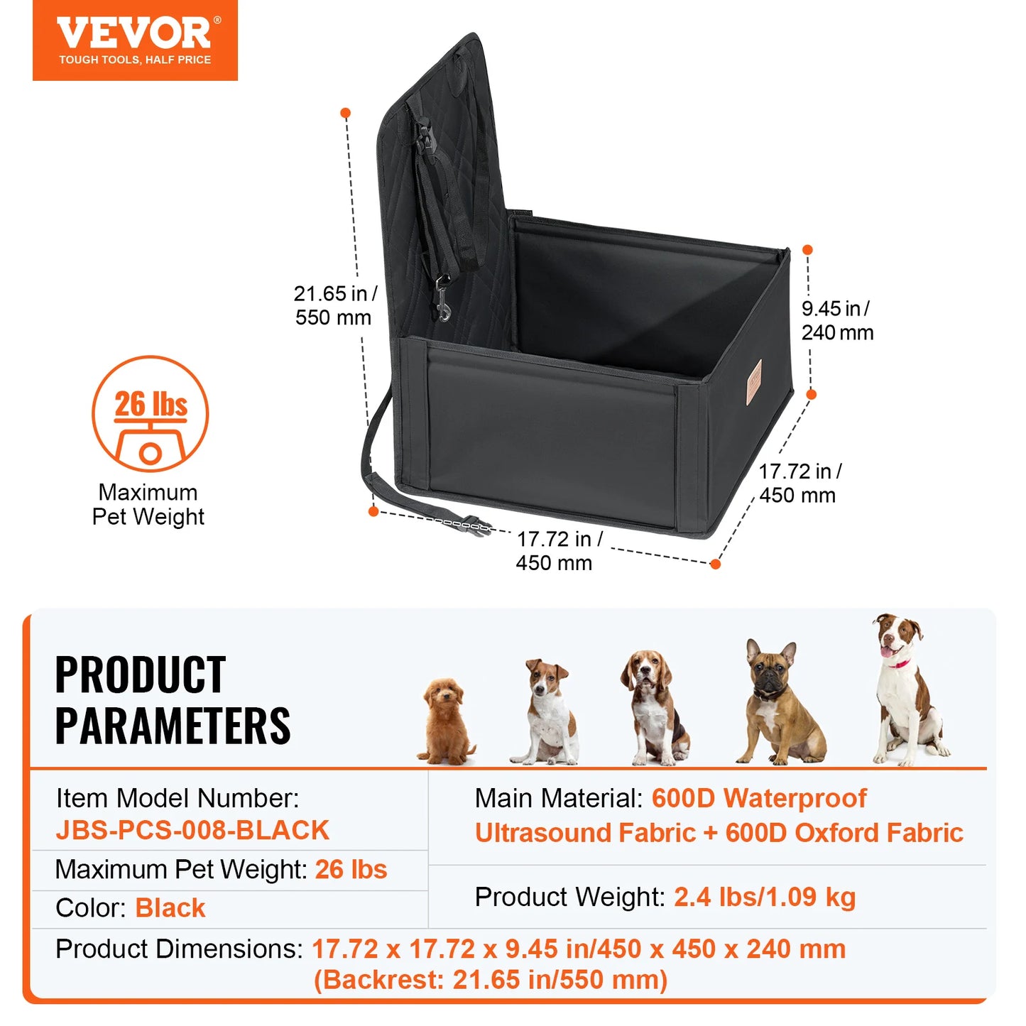 Dog Car Booster Seat | Sofa-Style | Waterproof | Clip-On Safety Leash | Up to 100lbs
