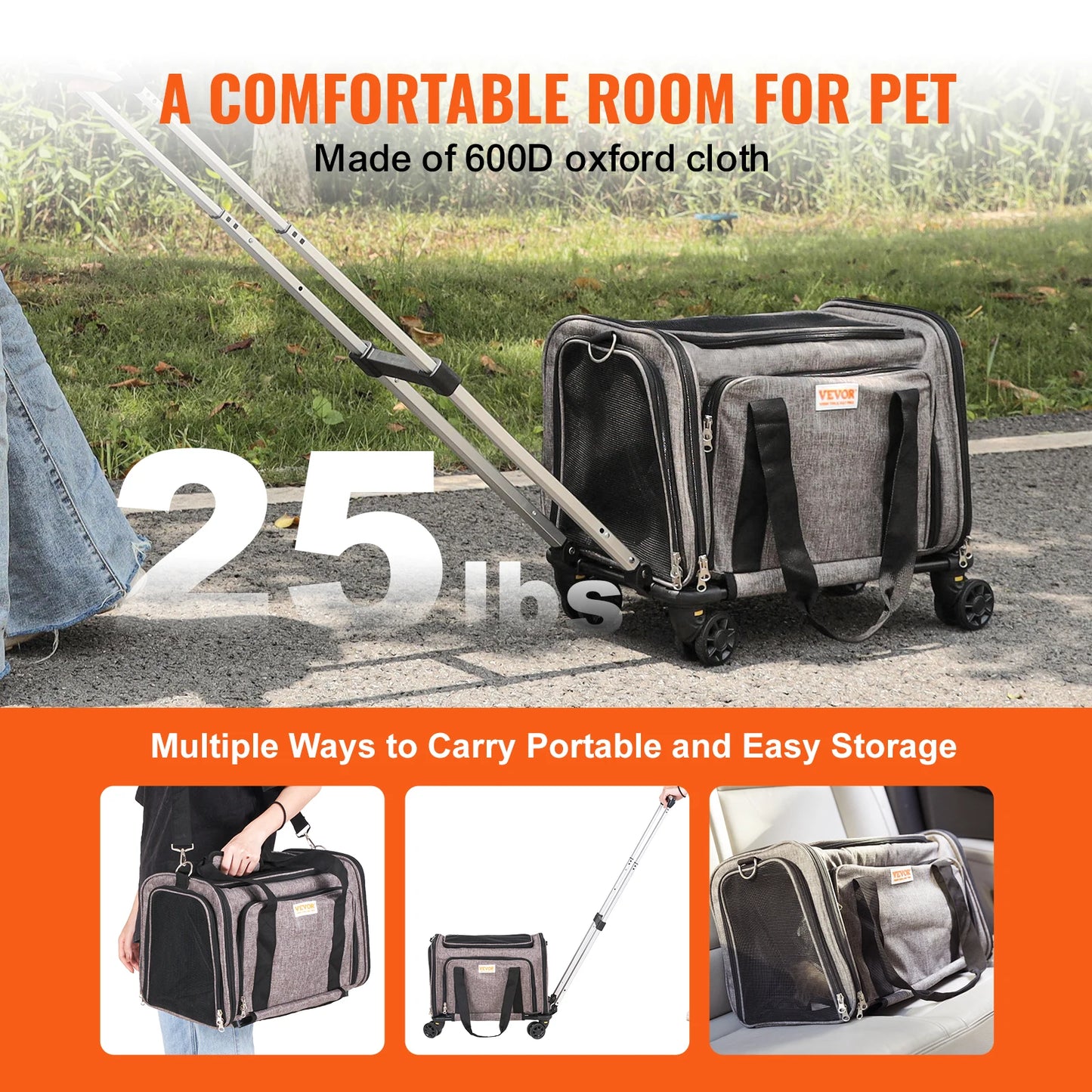 Rolling Dog Carrier Backpack | 4-Wheel Telescopic Handle | Airline-Compatible | Up to 35lbs