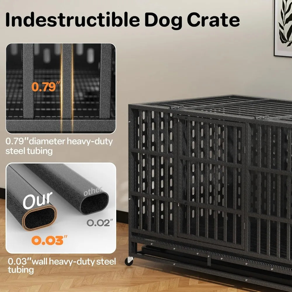 48 Inch Heavy Duty Indestructible Dog Crate Steel Escape Proof, Indoor Double Door High Cage, Kennel with Wheels,，Customized