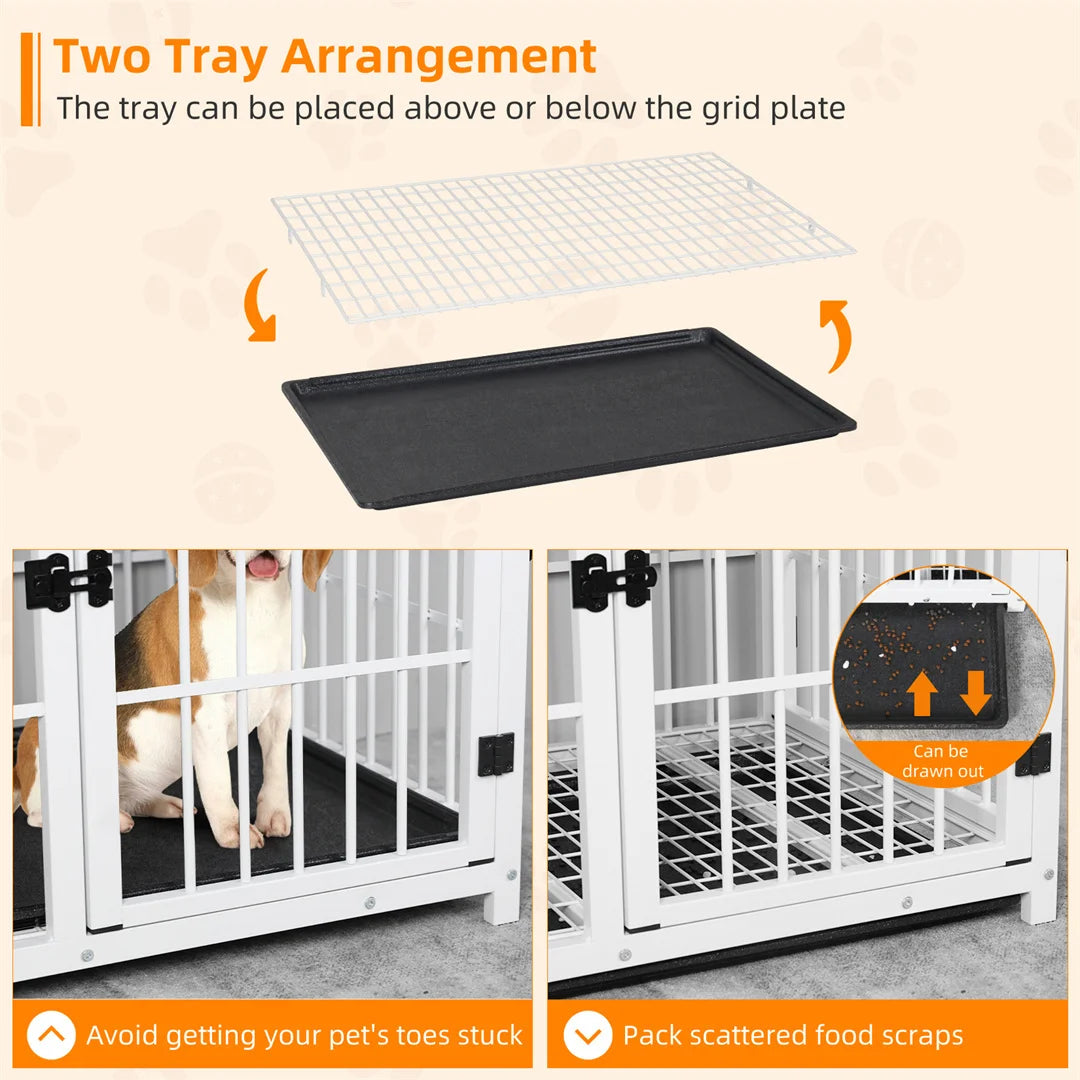Wooden Dog Crate Black Metal Pet Furniture White Dog Cage End Table, 3 Doors & Removable Tray, for Small/Medium/Large Dogs