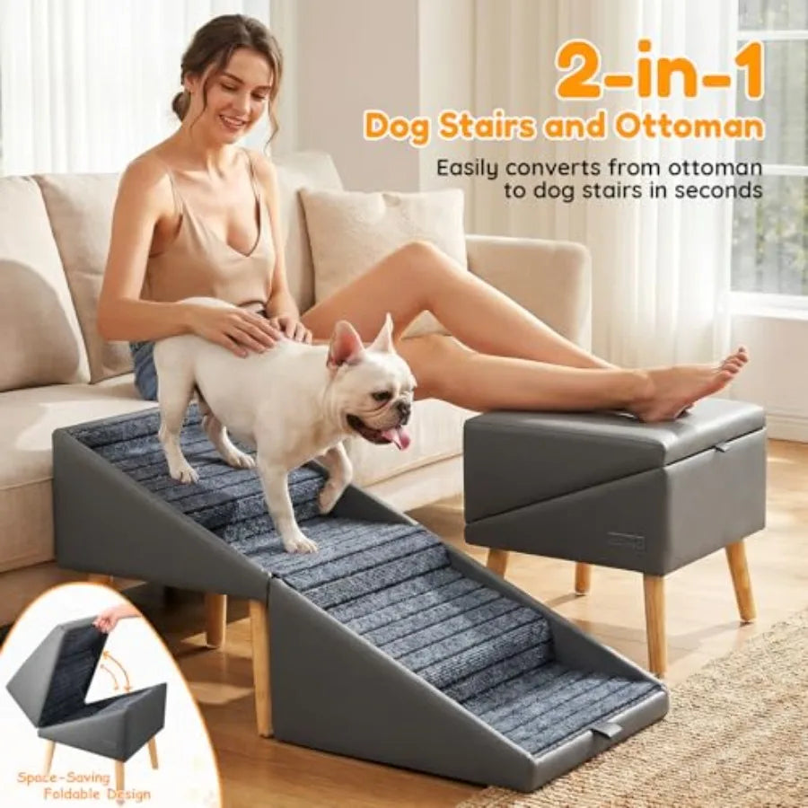 4-Step Dog Stairs | 17" Foldable 2-in-1 Pet Steps & Ottoman | Non-Slip | Small Dogs