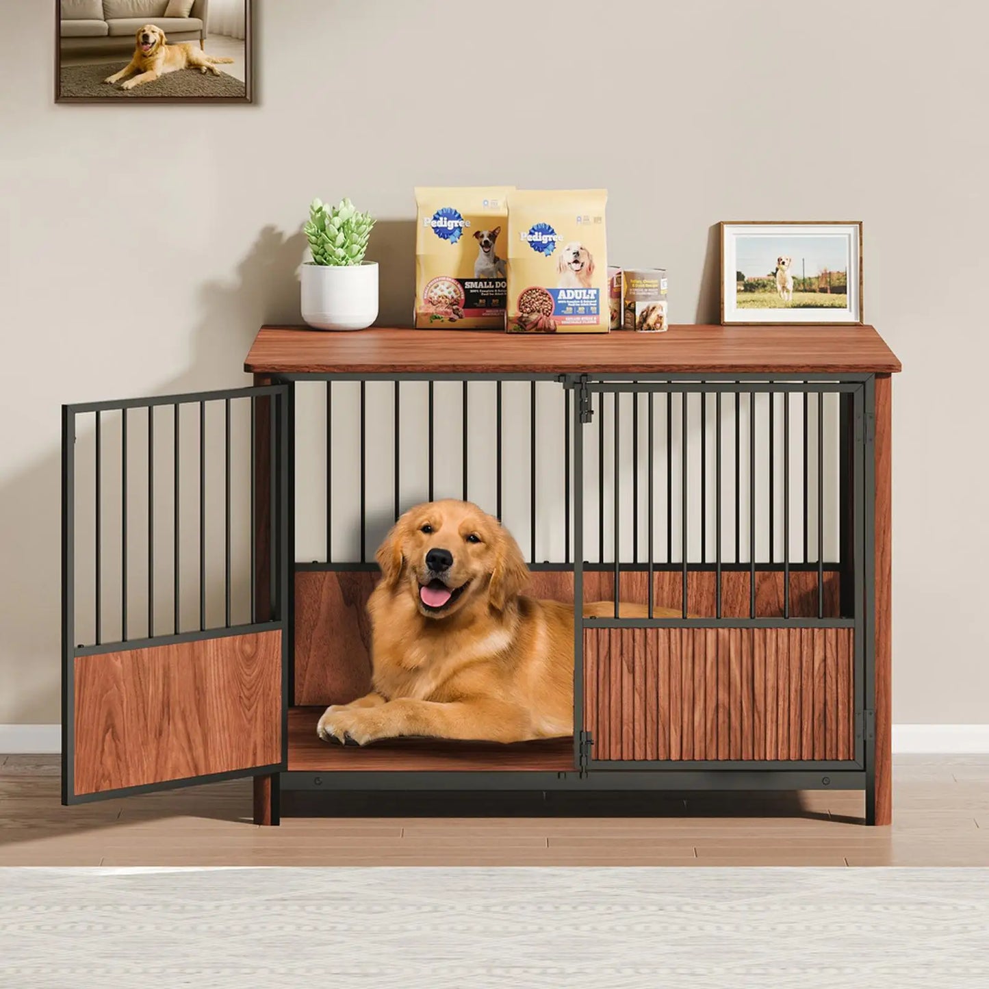 Walnut Furniture Dog Crate — 43" Indoor Kennel with Multi-Door Access & Storage Top