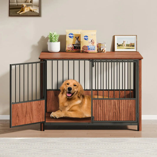 Walnut Furniture Dog Crate — 43" Indoor Kennel with Multi-Door Access & Storage Top