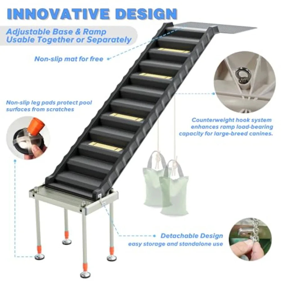 Adjustable 4-Leg Dog Pool Ramp | Quick Setup, Foldable | 200 lbs Capacity | Non-Slip