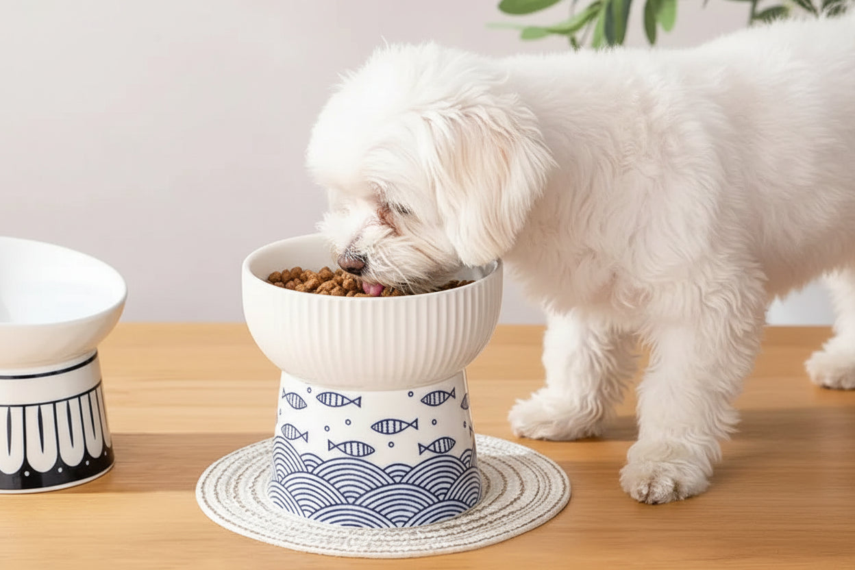 Ceramic High-Foot Dog Bowl | Anti-Overturn | Neck Protection | Food & Water