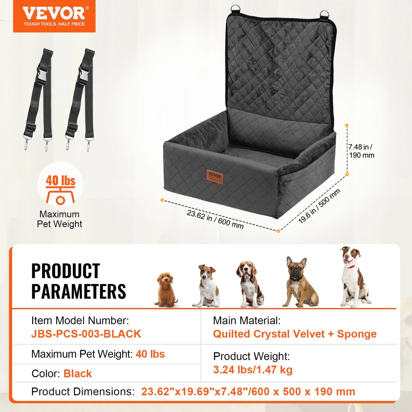 Dog Car Booster Seat | Sofa-Style | Waterproof | Clip-On Safety Leash | Up to 100lbs