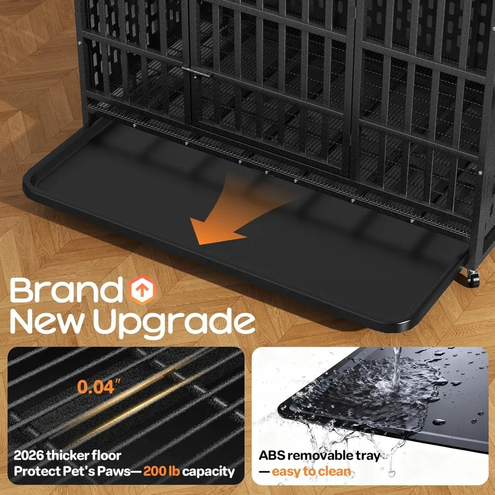 48 Inch Heavy Duty Indestructible Dog Crate Steel Escape Proof, Indoor Double Door High Cage, Kennel with Wheels,，Customized