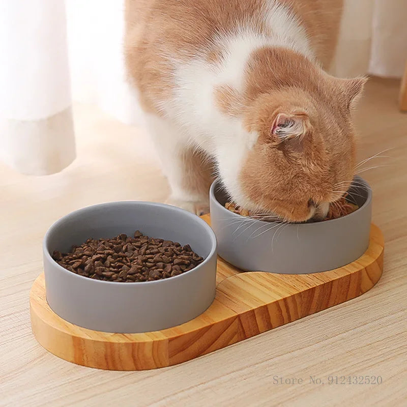 Ceramic Dog Bowl with Wooden Stand | Anti-Tip | Neck Protection | Stylish Pet Feeder