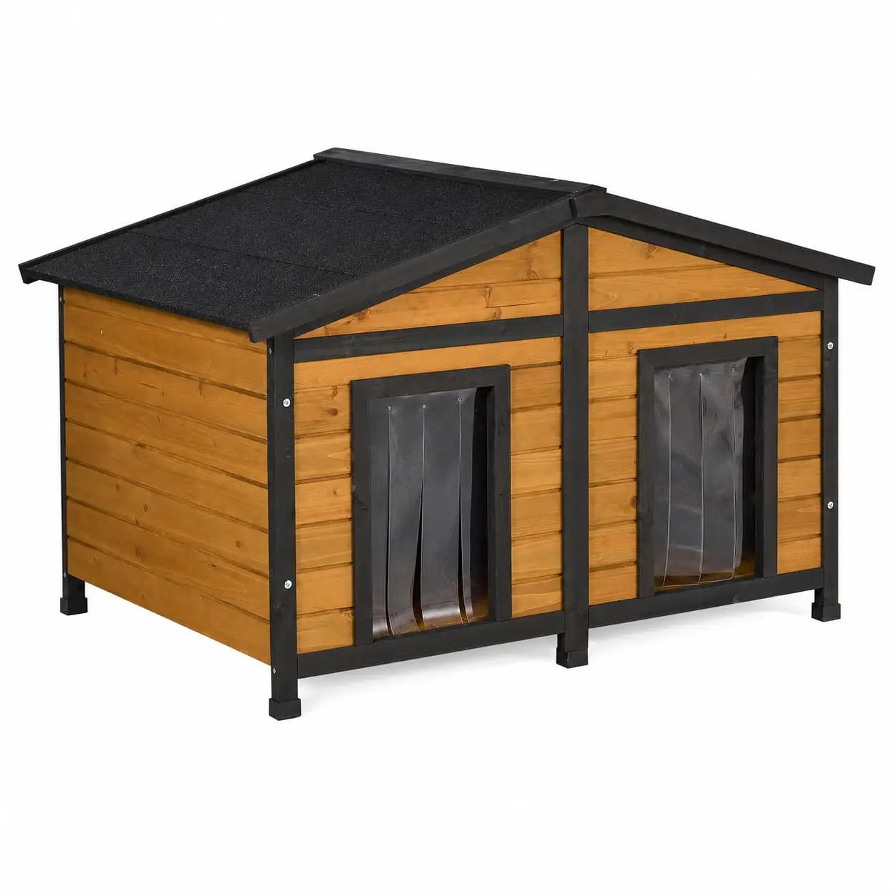47" Outdoor Wooden Dog House — Double Door with Clear Flaps, Openable Roof & Raised Floor