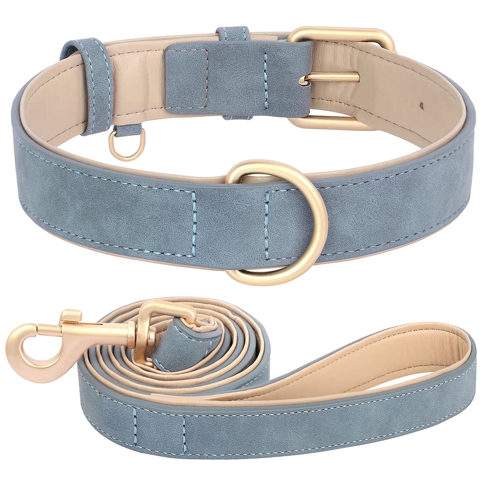 Soft Padded PU Leather Dog Collar & Leash Set — Adjustable, S/M/L/XL