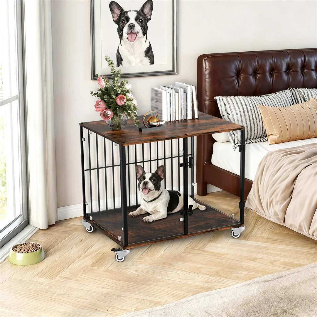 Anti-Bite Pet Kennel Furniture with Side Table,Tempered Glass Dog Cage Iron Pet Crate with Wheels for Indoor Use