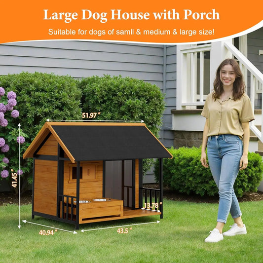 XL Outdoor Dog House with Feeding Station — Weatherproof Cedar Kennel with Openable Roof