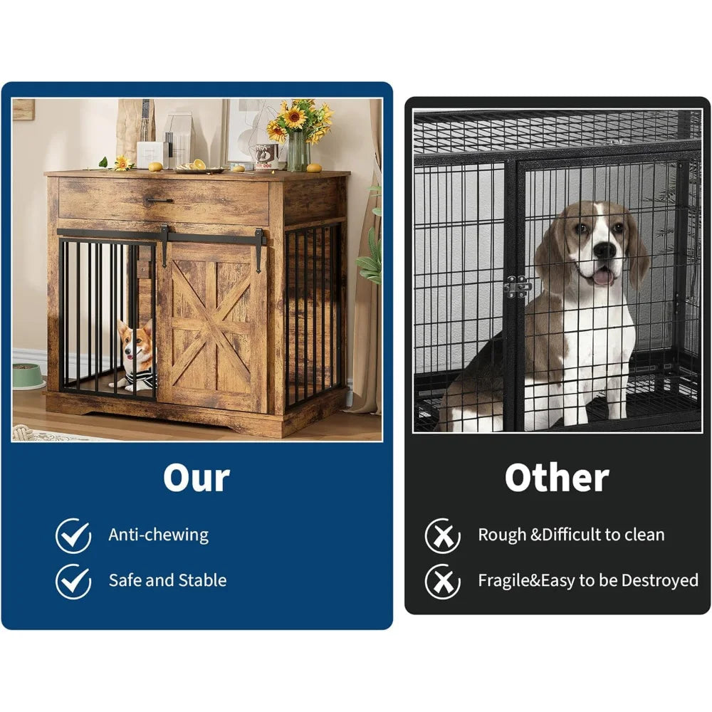 Farmhouse Dog Crate End Table — 37.8" with Sliding Barn Doors & Drawer | Grey, Brown, White