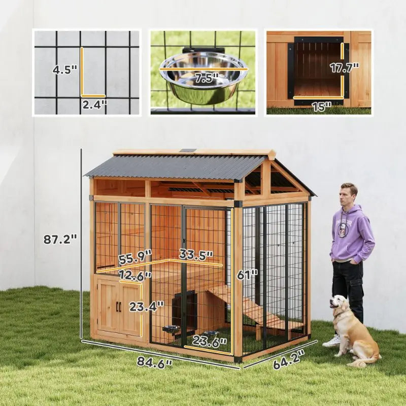 Hartelier Outdoor Wood Dog House | 7' x 5' with Platform & Storage Cabinet