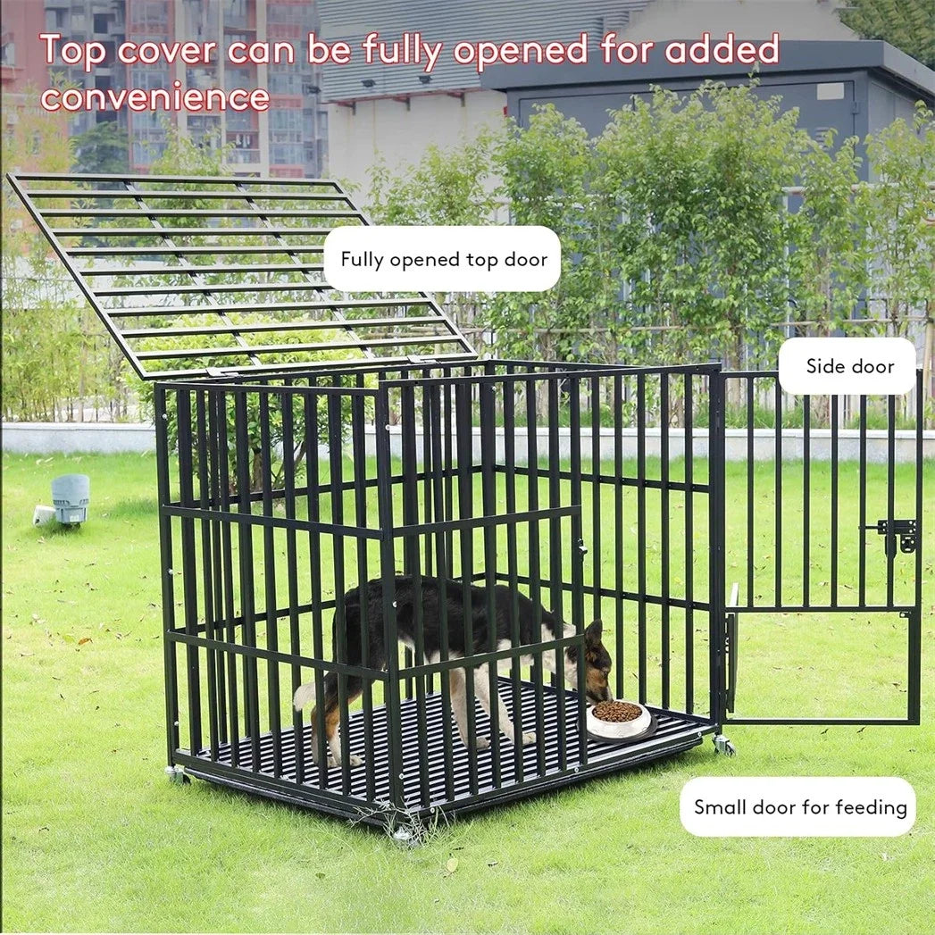 Heavy Duty Metal Dog Crate 3 Doors with Locks, Kennel Playpen on 4 Lockable Wheels, Removable Tray