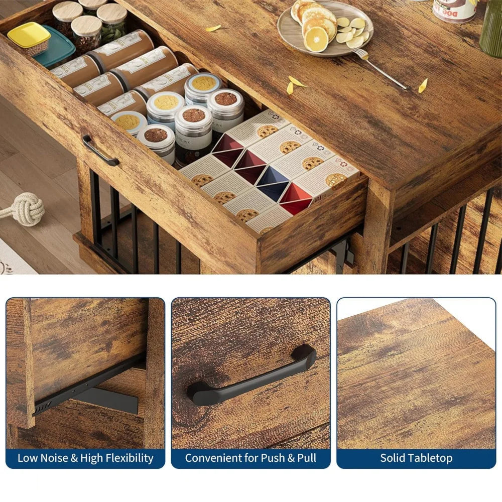Farmhouse Dog Crate End Table — 37.8" with Sliding Barn Doors & Drawer | Grey, Brown, White