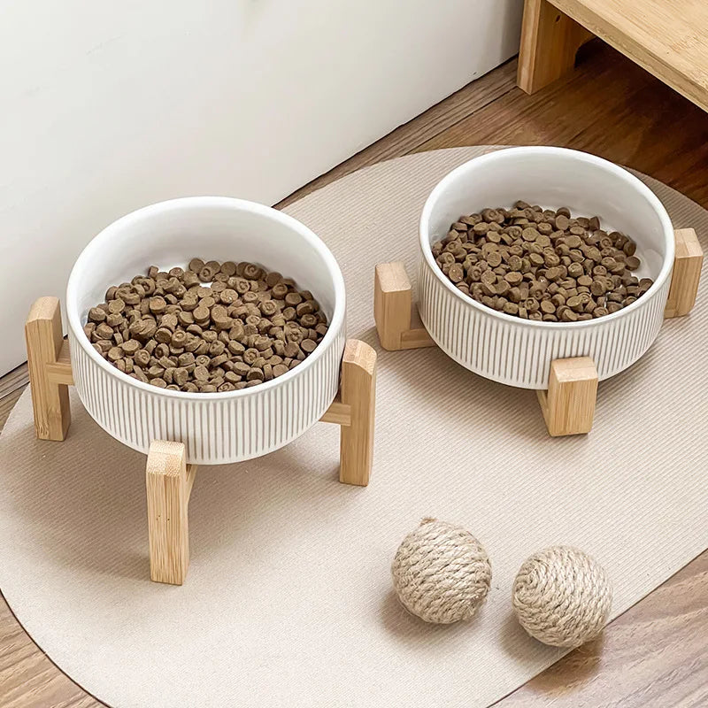 Nordic Ceramic Dog Bowl | Bamboo Stand | Short, High & Double Options | 400ml | Small Dogs