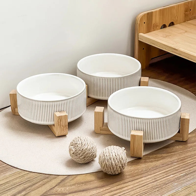 Nordic Ceramic Dog Bowl | Bamboo Stand | Short, High & Double Options | 400ml | Small Dogs