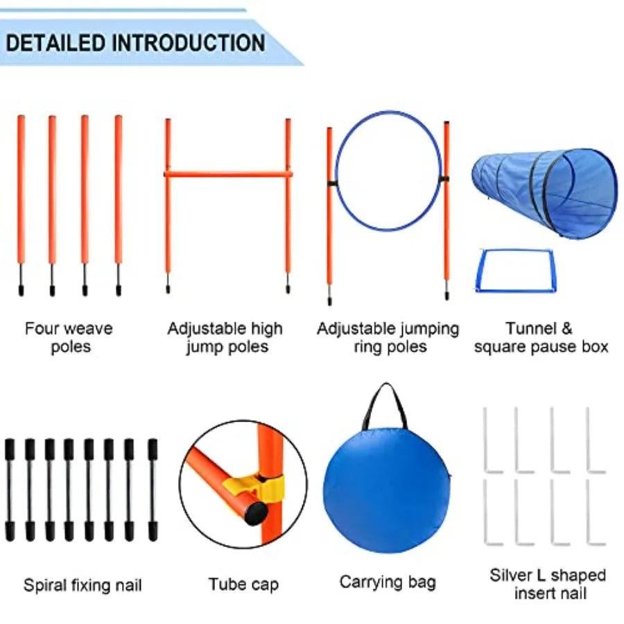 Dog Agility Training Starter Kit | Tunnel & 13 Weave Poles | Adjustable Obstacle Course