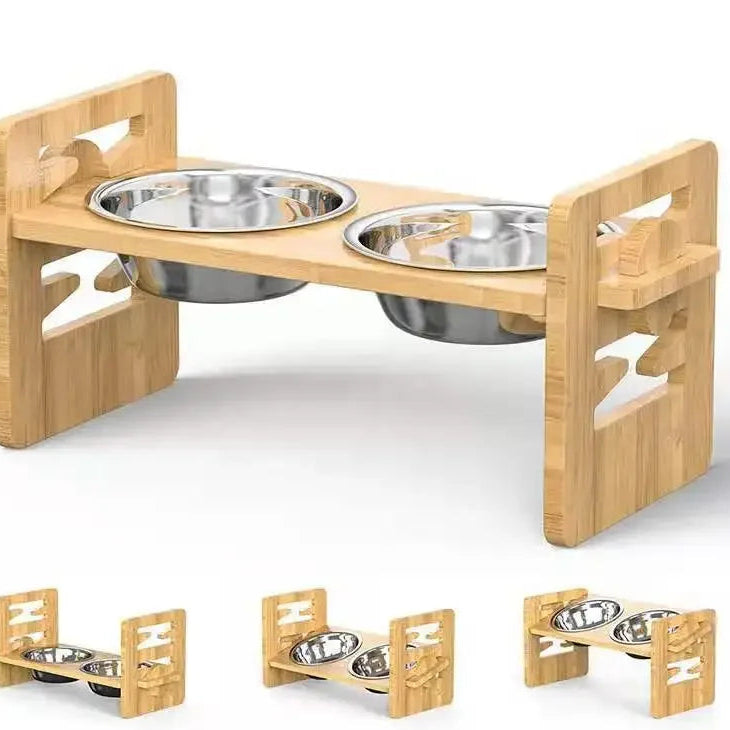 Foldable Dog Dining Table | Double Stainless Steel Bowls | Wooden Stand | Food & Water
