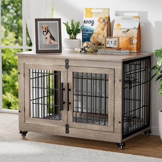 Dog Crate Furniture with Cushion, Kennel with Double Doors, Heavy Duty Cage End Table with Wheels, House，Customized