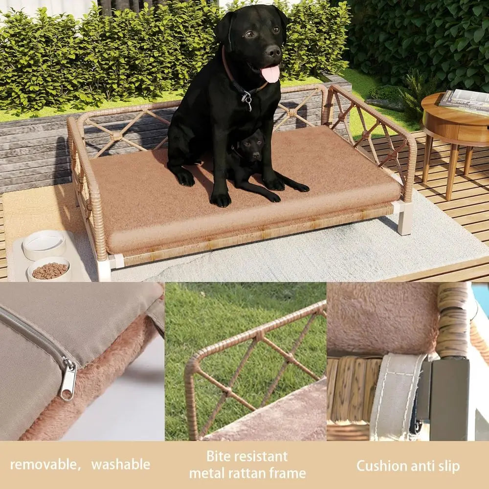 Indoor Wicker Rattan Dog Bed with Sofa & Cushion | Brown