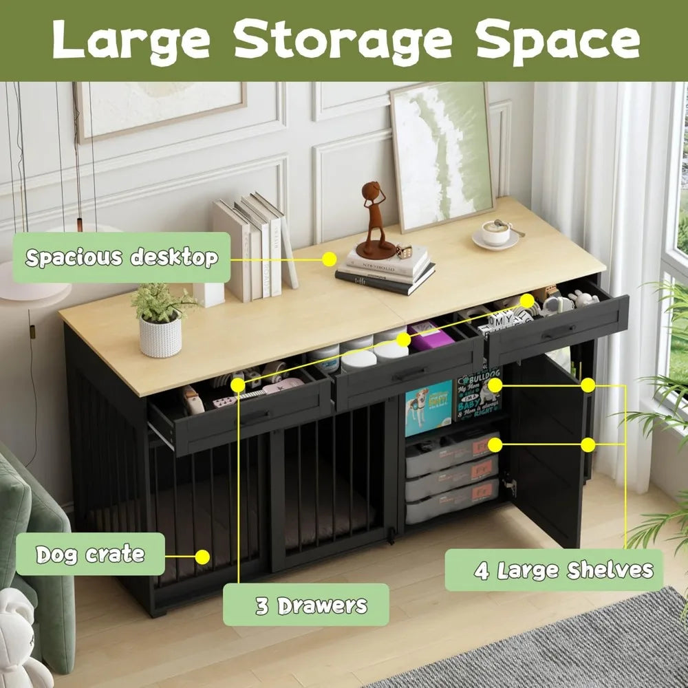 72.5" Dog Crate Furniture with TV Stand, Drawers & Shelves — Heavy Duty Indoor Kennel