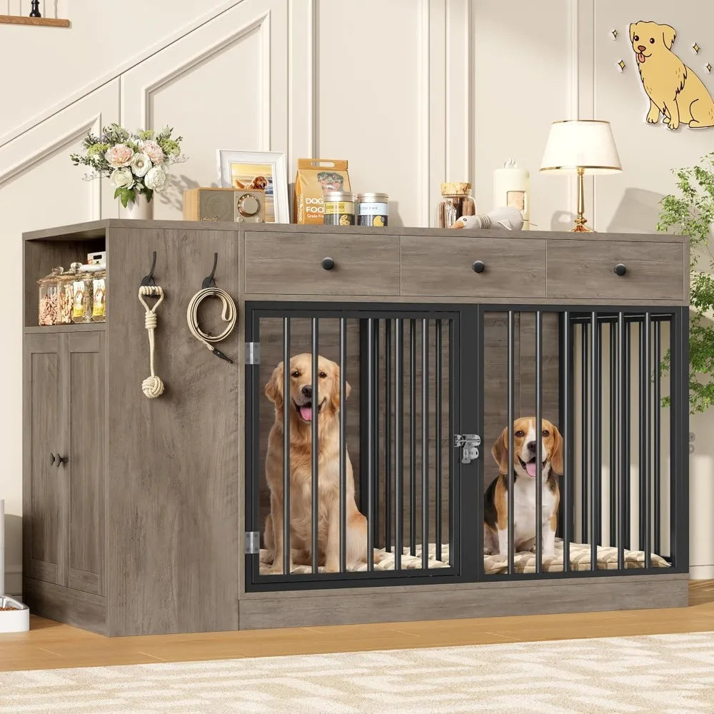 Dog Crate Furniture with Storage Drawers & Side Cabinet — Single/Double Indoor Kennel