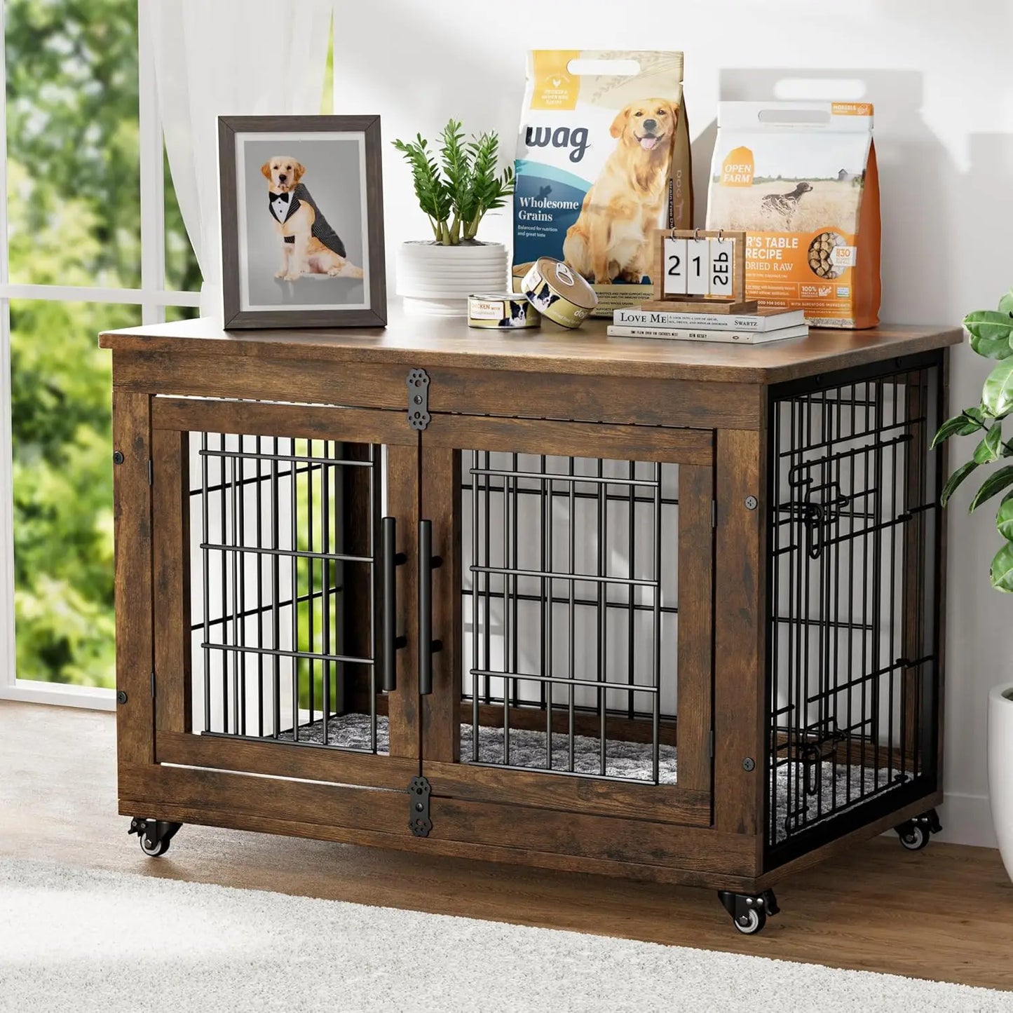 Dog Crate Furniture with Cushion, Kennel with Double Doors, Heavy Duty Cage End Table with Wheels, House，Customized