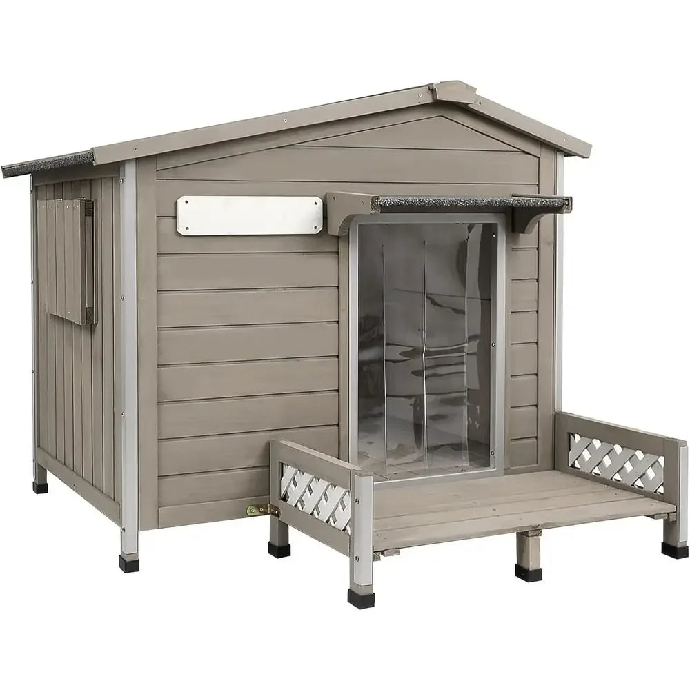 Outdoor Wooden Dog Kennel | Weatherproof Roof, Raised Floor & Ventilated Window | Gray
