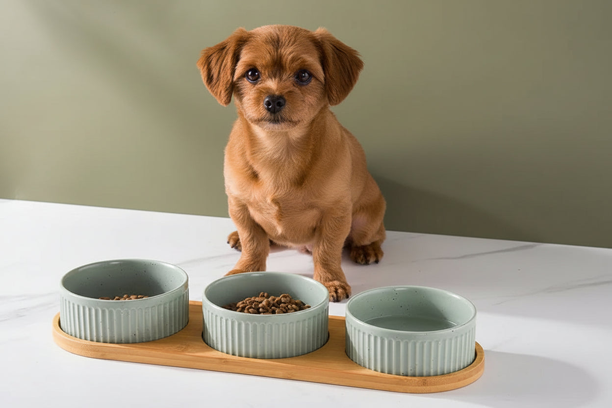 Nordic Ceramic Dog Bowl Set | Single, Double & Triple | Wooden Tray | 3 Colors | 400ml & 850ml
