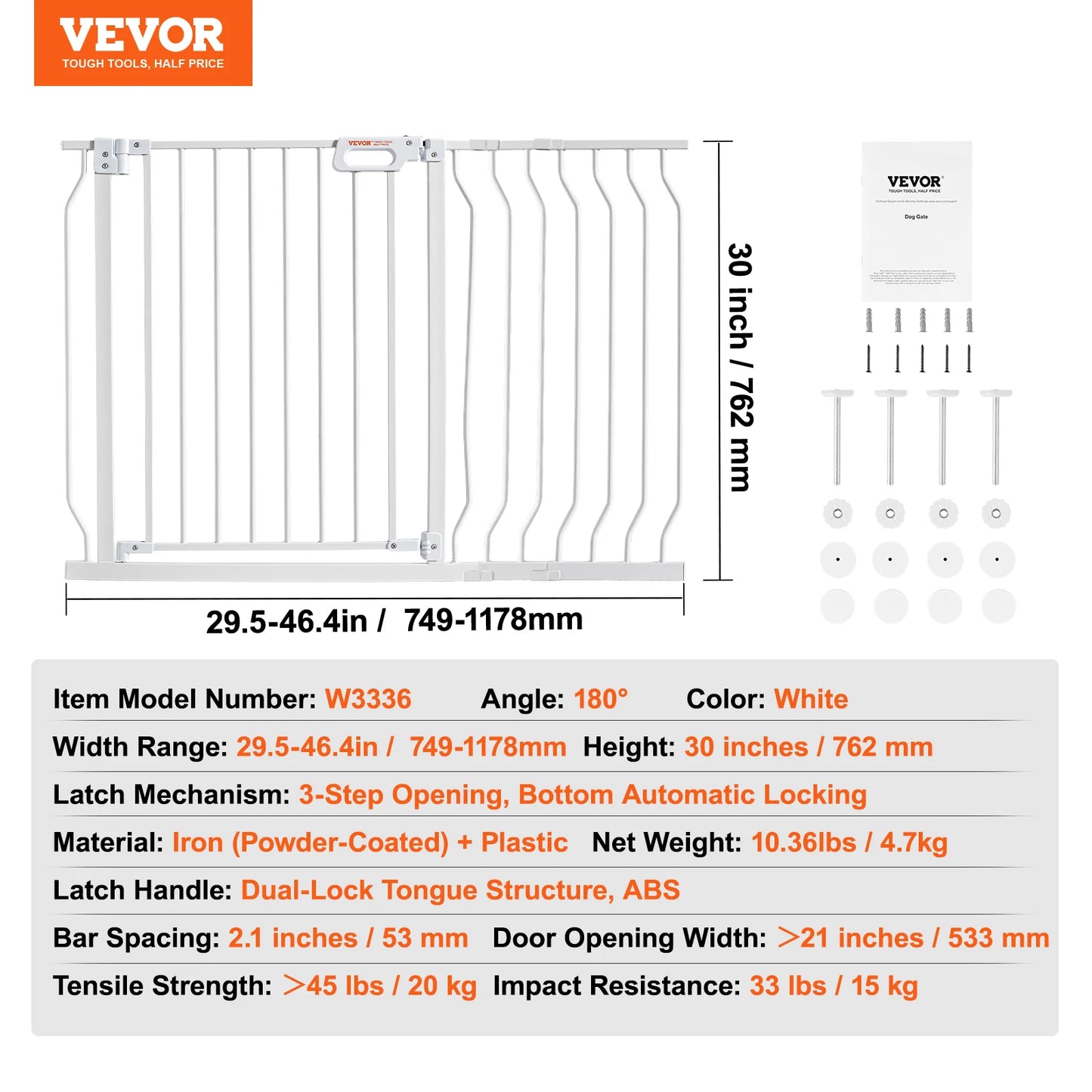 Dog Gate 30" High — Pressure Mount, Auto-Close, One-Hand Operation | White | Walk-Thru