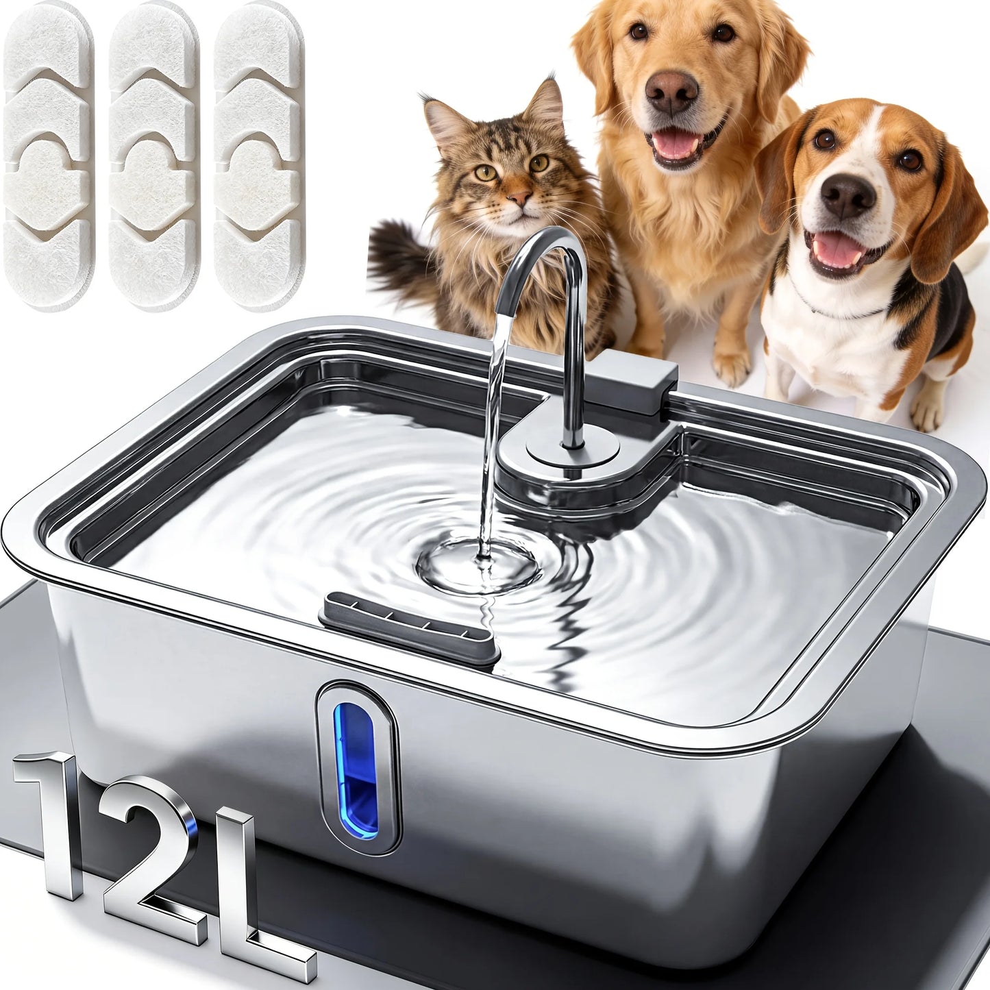 3.17gal/3.96gal/4.76gal Automatic Dog Water Fountain, Stainless Steel Pet Water Feeder, Wider Deeper Mouth, 5-Layer Filtration,
