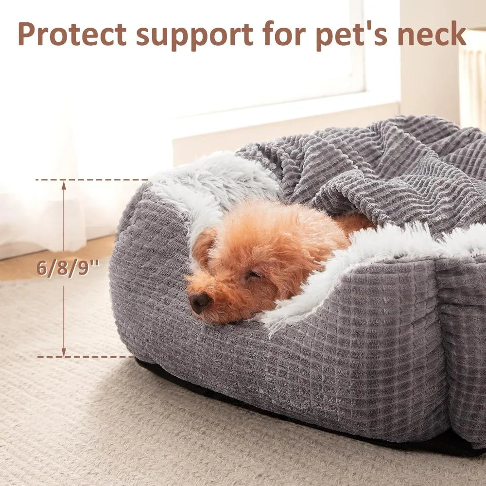 Hooded Cave Dog Bed | Orthopedic Rectangle Design | 35" | Machine Washable | Grey