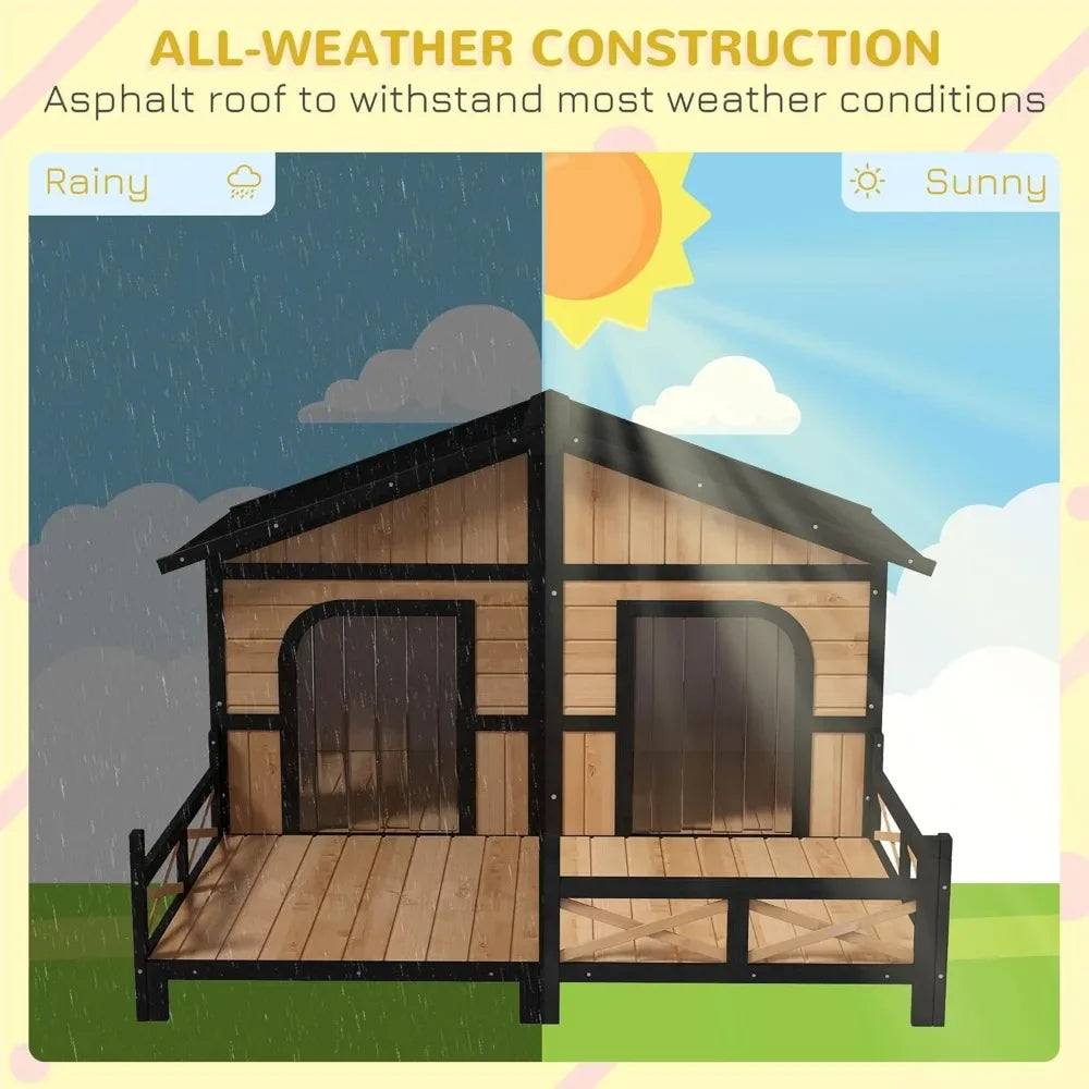 Outdoor Wooden Double Dog House with Porch & Elevated Floor | XL | Weatherproof