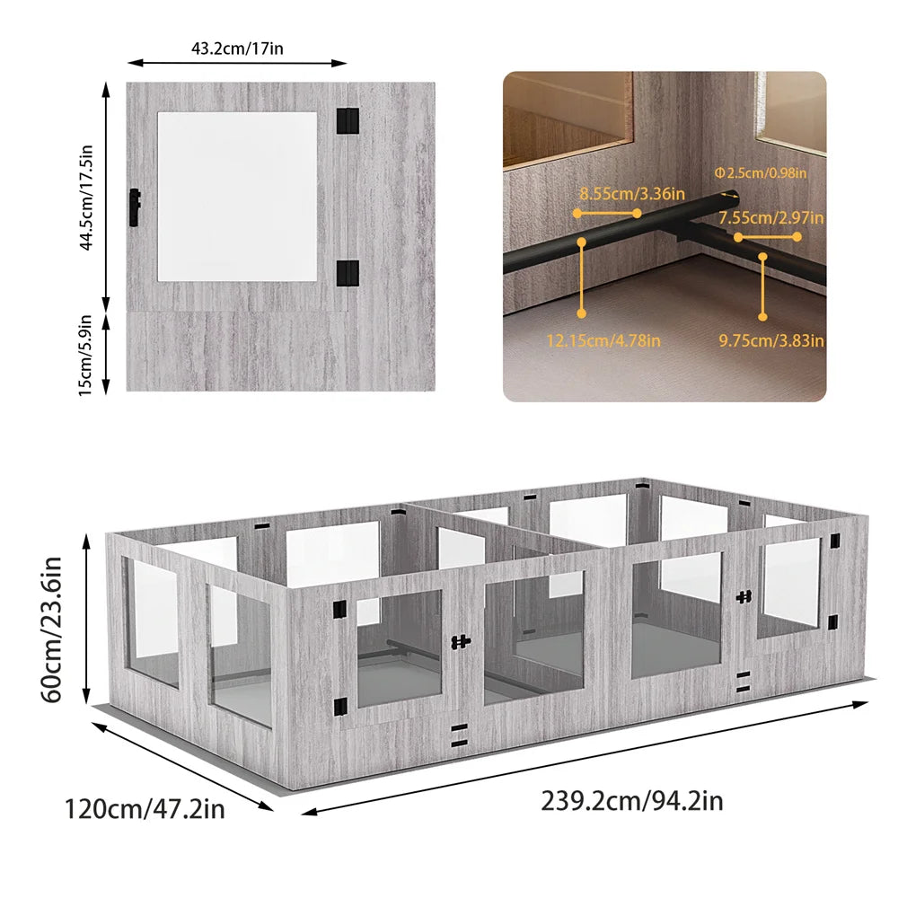 Large Dog Playpen Pet Whelping Box Tempered Glass Safe Pet Puppy Dog Playpen with Pig Rails and Waterproof Mat