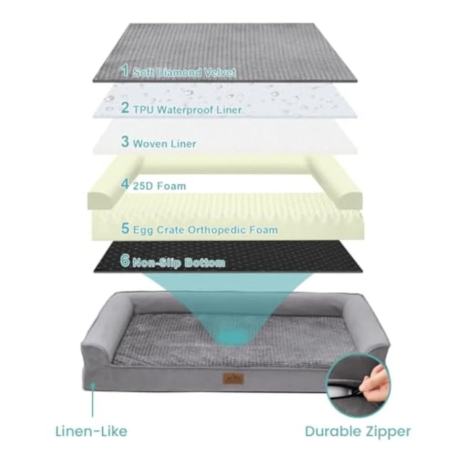 XL Orthopedic Dog Bed | Bolster Sofa | Waterproof Egg Crate Foam | Up to 100 lbs