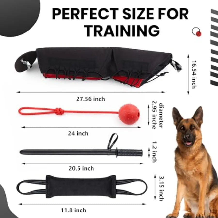 4-Piece Dog Training Kit | Bite Sleeve, Tug Toy, Training Stick & Rubber Ball | K9 & Large Dogs