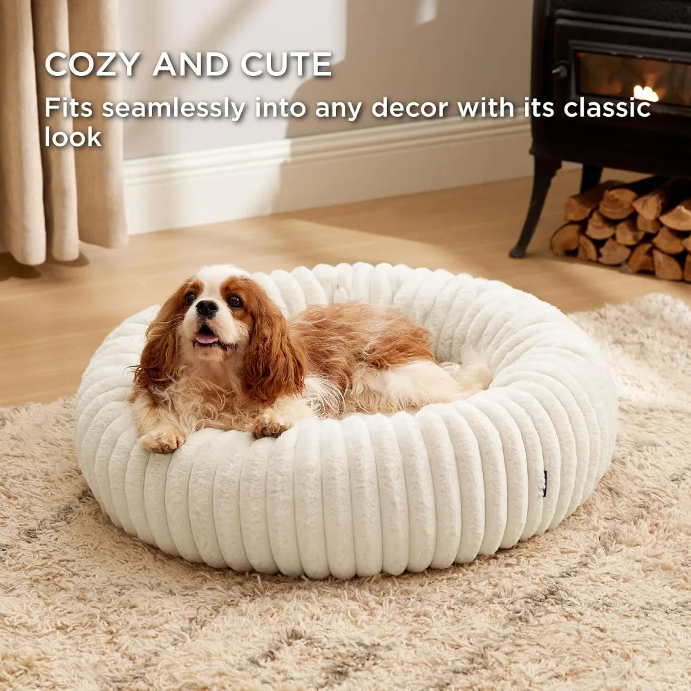 Donut Dog Bed | Faux Fur & Corduroy Fleece | Removable Cover | Anti-Slip | 30x30x8" Cream