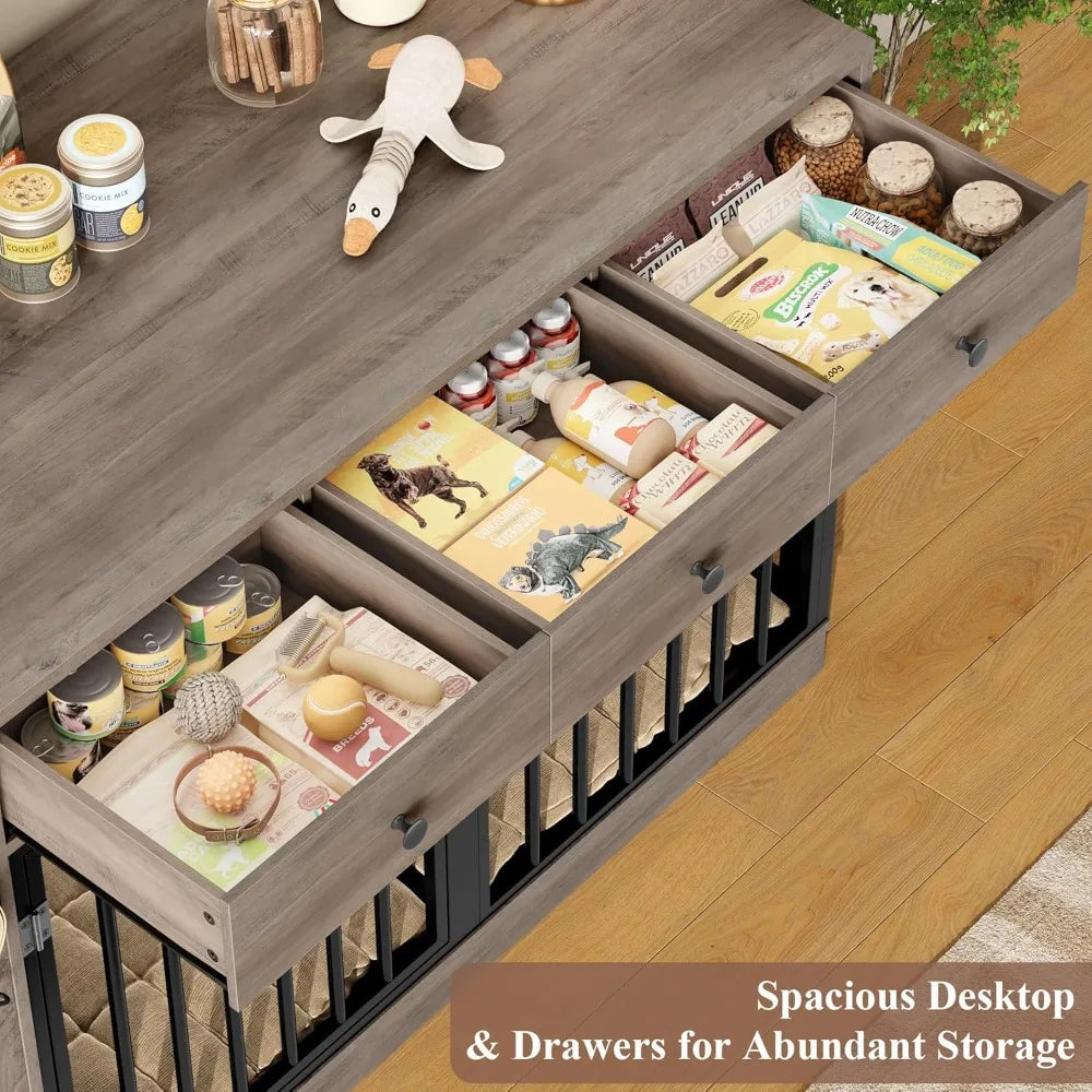 Dog Crate Furniture with Storage Drawers & Side Cabinet — Single/Double Indoor Kennel