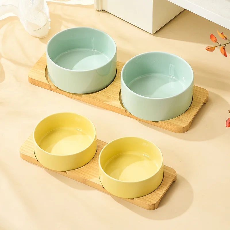 Ceramic Dog Bowl Set | Single, Double & Triple | Bamboo Stand | 6 Colors | 400ml & 850ml