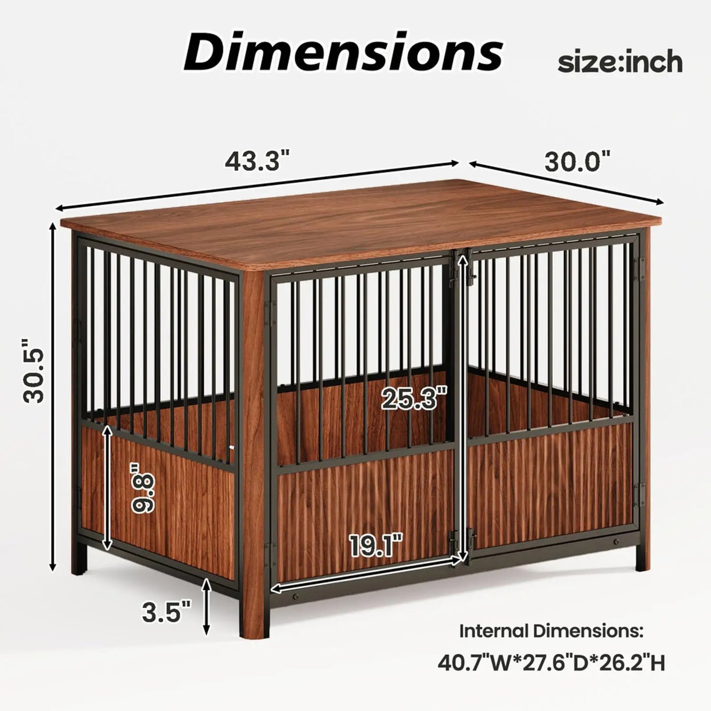 Walnut Furniture Dog Crate — 43" Indoor Kennel with Multi-Door Access & Storage Top