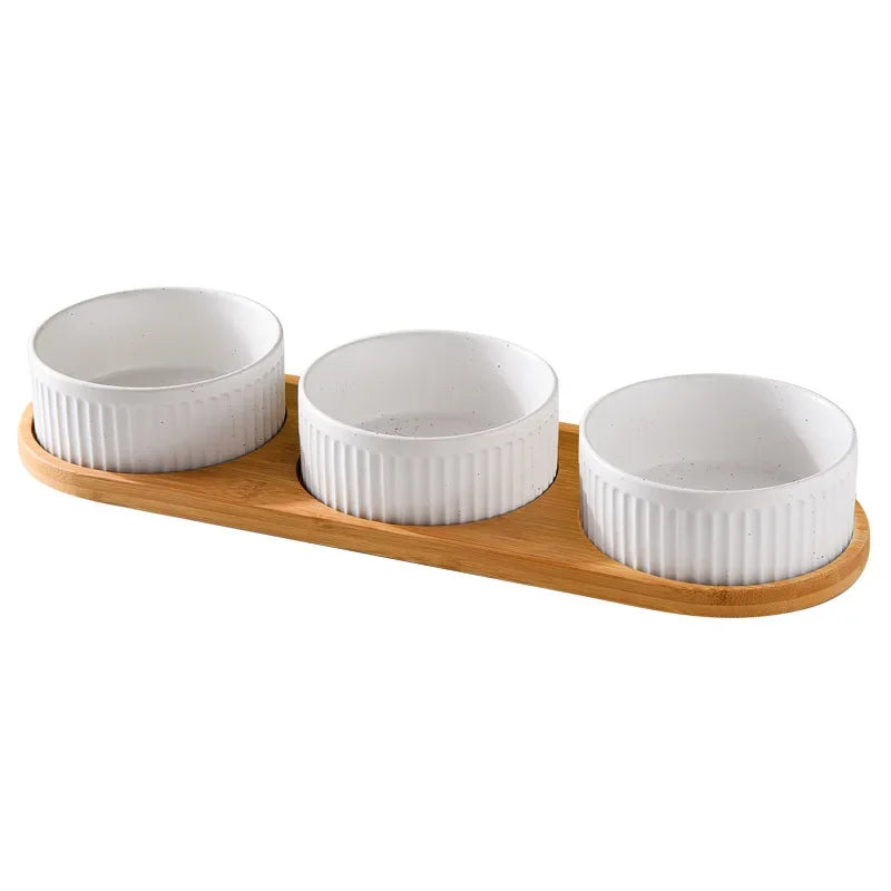 Nordic Ceramic Dog Bowl Set | Single, Double & Triple | Wooden Tray | 3 Colors | 400ml & 850ml