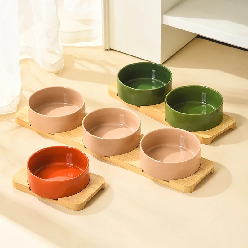 Ceramic Dog Bowl Set | Single, Double & Triple | Bamboo Stand | 6 Colors | 400ml & 850ml