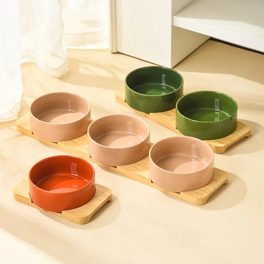 Ceramic Dog Bowl Set | Single, Double & Triple | Bamboo Stand | 6 Colors | 400ml & 850ml