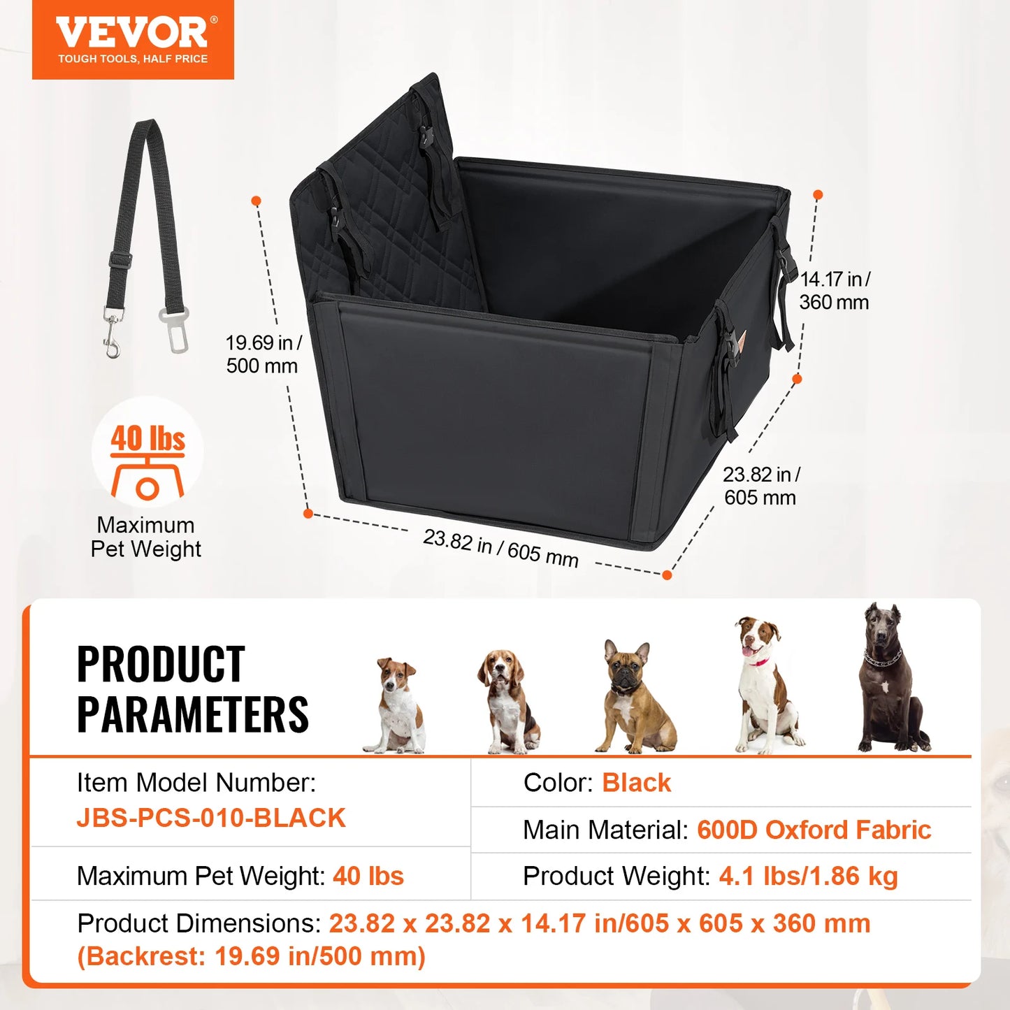 Dog Car Booster Seat | Sofa-Style | Waterproof | Clip-On Safety Leash | Up to 100lbs