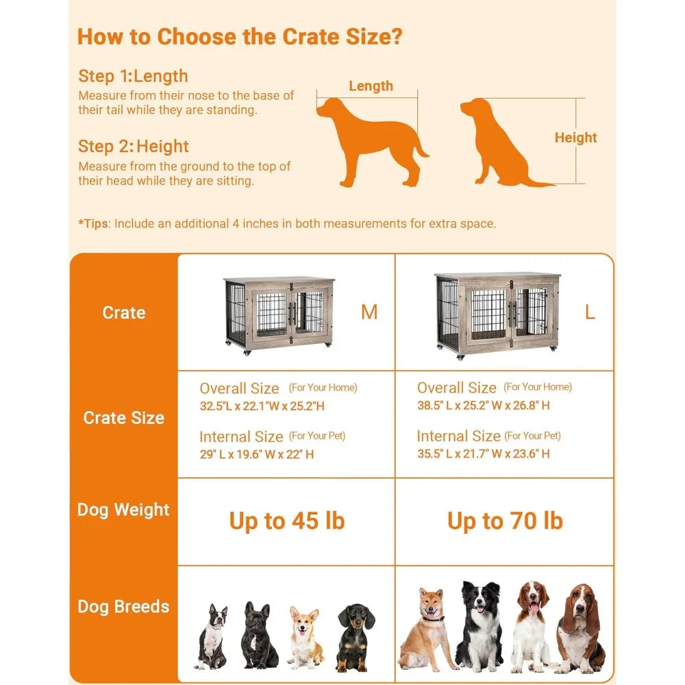 Dog Crate Furniture with Cushion, Kennel with Double Doors, Heavy Duty Cage End Table with Wheels, House，Customized