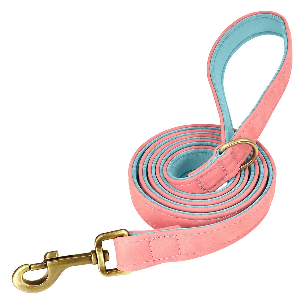 Personalized PU Leather Dog Collar & Leash Set — Soft Padded, Free Engraved Nameplate | XS–XL