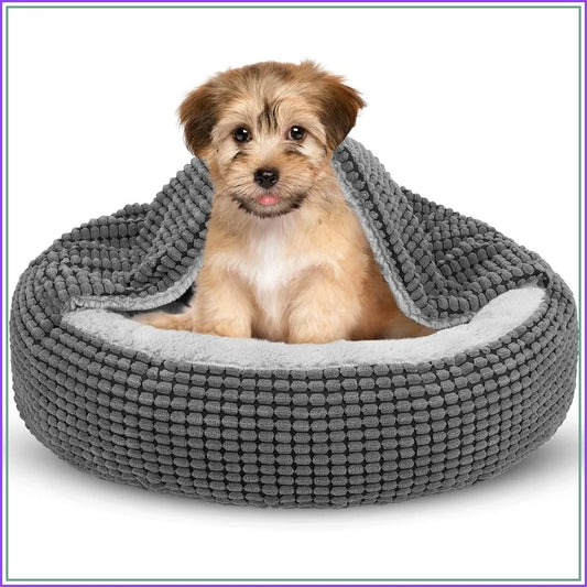 Cozy Donut Cuddler Hooded Pet Bed with Attached Blanket, Anti-Anxiety Orthopedic Round Bed for Small Dogs & Cats, Washable, Non-Slip Bottom, 23in